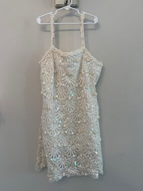 LoveShackFancy Cream Crochet Shell-Embellished Mini Dress